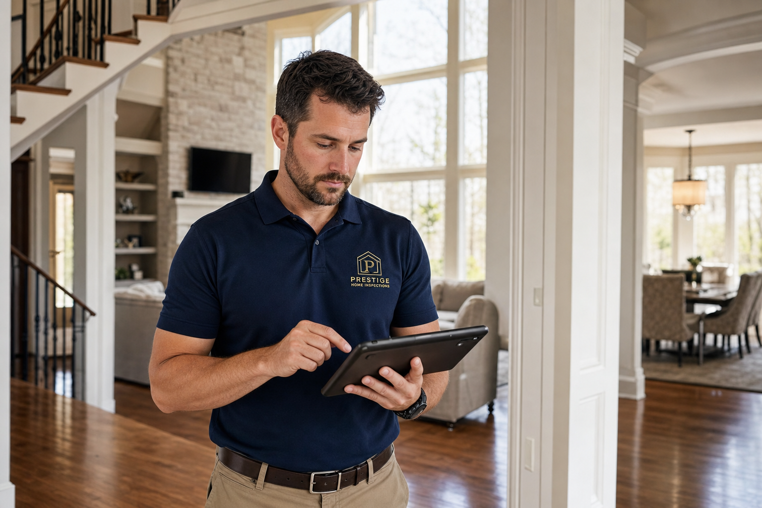 Citadel Home Inspections inspector reviewing property documentation in luxury home interior